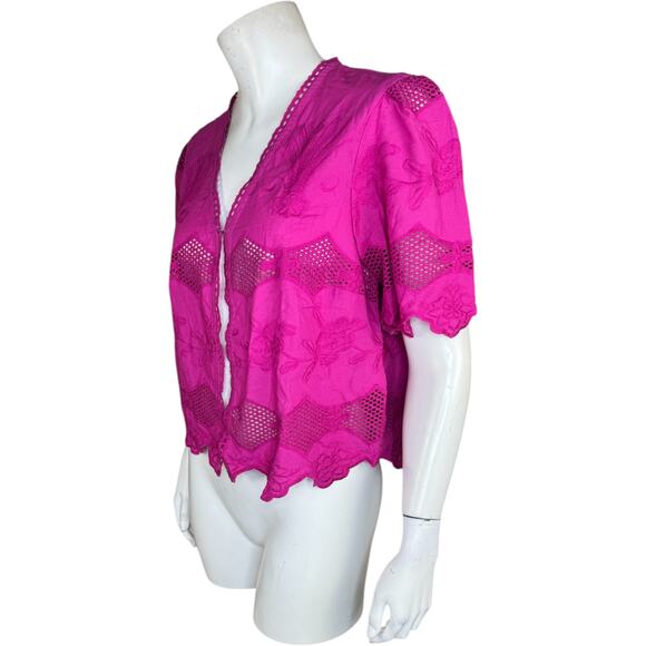 LOGO Lavish by Lori Goldstein Eyelet Lace Cropped Jacket Crushed Berry Small - Picture 7 of 11